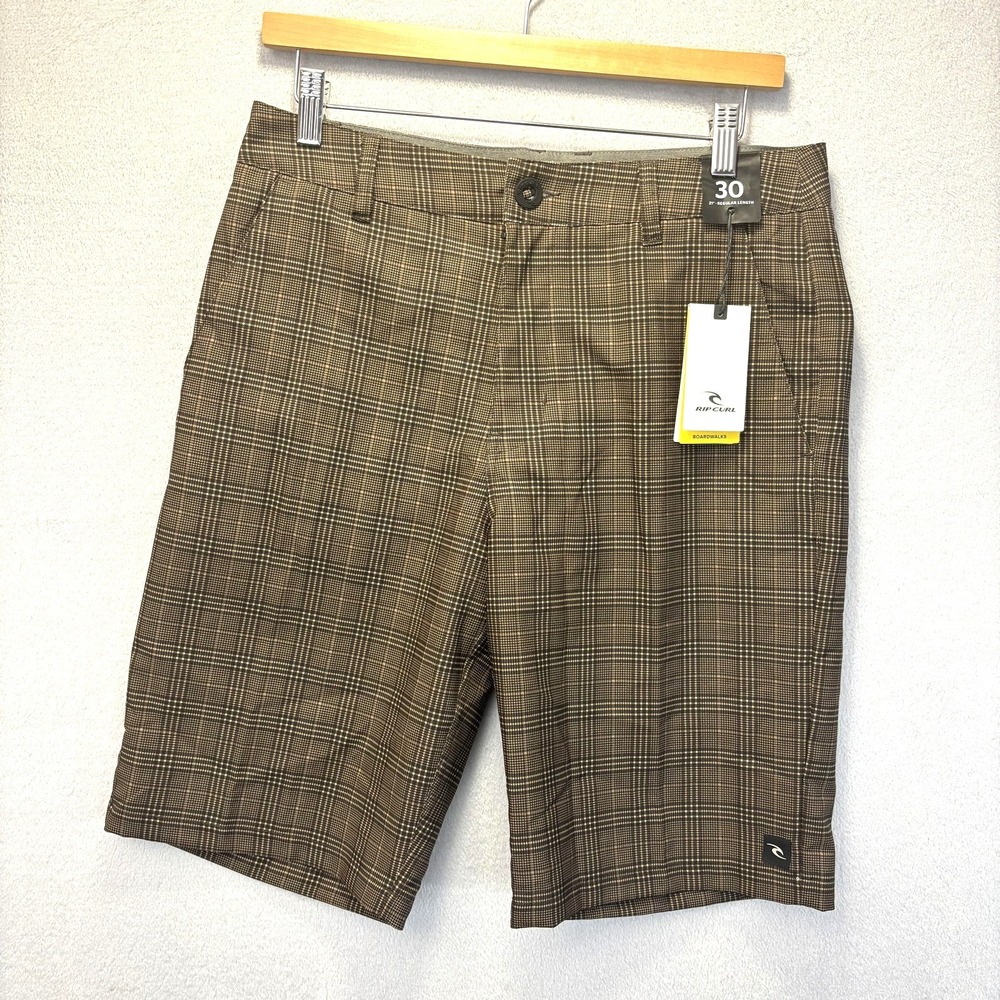 NWT Rip Curl Boardwalk Hybrid Shorts Mens 30 Brown Plaid Surf Beach Country Club